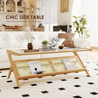 Combohome Table basse en bambou du milieu du siècle avec table d'extrémité en bambou moderne en rotin avec dessus en verre pour salon bureau