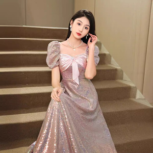 Pink Sequined Evening Dress A-Line Empire Waist Bow Neckline Satin Fabric For Coming Of Age Ceremony And Vocal Exam - Product Image 2