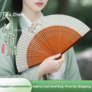 พัดพับสไตล์โบราณฮั่นฝู พัดพกพาสไตล์<span class=keywords><strong>จีน</strong></span>ใหม่ ผ้าไหมไม้ไผ่ สำหรับเด็ก กระโปรงมามิอันฤดูร้อน พัดขนาดเล็ก - Product Image 2