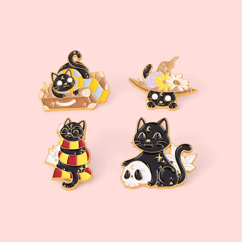 Black Cats Witch Enamel Pin Custom Floral Magic Hat Brooches pin Women Animal Badge Bag Clothes Lapel Pin Jewelry Gift Wholesale