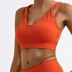 Yeni kadın spor sutyen oymak egzersiz derin V ekledi Yoga sutyeni hızlı kuru egzersiz kırpma üstleri spor salonu giymek