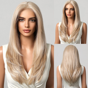 Nouvelle Arrivée Perruque Lace Front Blonde Platine Ombrée Raie Centrale Cheveux Longs Lisses <span class=keywords><strong>Fibre</strong></span> Japonaise Flatterante pour le Visage Idéale pour Usage Quotidien - Product Image 3