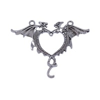 Konektor Hati Naga Kembar 63x51mm Paduan Perak Antik 2 Loop untuk Kalung Statement Gothic