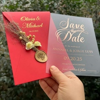 Cartes de mariage élégantes en acrylique givré avec fleurs séchées et sceau de cire, ensemble d'enveloppes en vélin pour une papeterie de mariage bohème chic