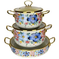 Ensemble de casseroles en fonte émaillée ronde avec couvercle en verre, logo en décalcomanie haute température multicolore, vaisselle en émail