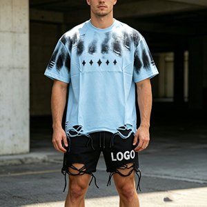 T-shirt en coton surdimensionné pour homme, manches courtes, col rond, ourlet effiloché, style streetwear, vêtements décontractés pour homme - Product Image 3