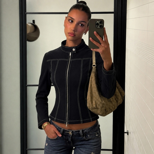 Faux Denim Color Block Biker Jacket Women's Zip Up Stand Collar Long Sleeve Coat Y2K Streetwear Casual Outerwear Fashion - Product Image 1