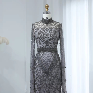 ชุดราตรีงานแต่งงานแบบเมอร์เมดสีเทาประดับลูกปัดหรูหราสำหรับผู้หญิงมุสลิมสไตล์อาหรับ ความยาวกรอมพื้น พร้อมลายจีบแบบสามมิติ รุ่น SZ204-1 - Product Image 4
