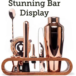 Wuyi Camol Factory Custom Bartender Kit 10 Piece Bar Set Cocktail Shaker Set With Stylish Mahogany Stand 600ml Cocktail Shaker