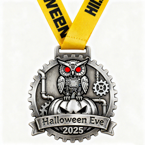 Medaglia di Halloween Personalizzata in Ottone Placcato Argento Antico con Stampa UV e Incisione, Motivo Zucca e <span class=keywords><strong>Gufo</strong></span> - Product Image 4