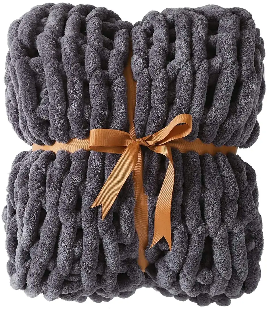 Chunky Knit Throw Blanket - Soft Large Cable Knitted Chenille for Bed Sofa Boho Fluffy Blanket
