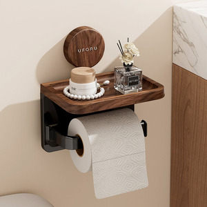 Portarotolo Quadrato Multifunzione in <span class=keywords><strong>Legno</strong></span>, Eco-friendly, da Parete, con Mensola Portaoggetti per Bagno - Product Image 1