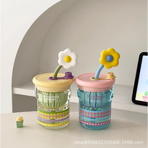 Stylish Floral Glass Tea Cup With Filter Heat Resistant Straw Lid For Women Summer Use Party Gift - Product Image 4
