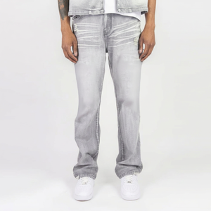 Jean en denim gris déchiré pour homme, taille mi-haute, fermeture boutonnée, style urbain, avec perles décoratives, pantalon unisexe - Product Image 1