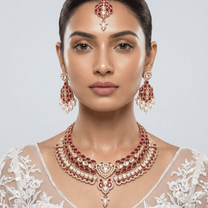 Elegant Layered Kundan Gold Plated Ruby Necklace Set With Matching Earrings For Women Traditional Bridal Wedding Jewelry Sets - Product Image 2