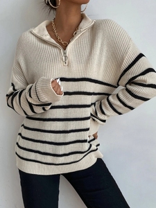 Maglione Pullover a righe bianche nere con mezza cerniera <span class=keywords><strong>colletto</strong></span> rovesciato Casual per uomo donna 100% cotone fornitore personalizzato - Product Image 3