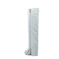 Fabricant personnalisé mode dames cuisse haute requin bottes Logo personnalisé Denim bleu fermeture éclair latérale talon compensé femmes sur le genou Long Boo