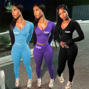 Conjunto de Dos Piezas con Pantalón para Mujer con Logo Personalizado Ropa de Otoño 2024 Chaqueta con Capucha de Color Sólido y Leggings para Fitness Chándal Ajustado - Product Image 1