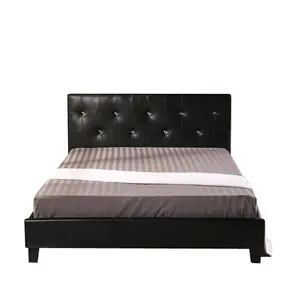 2019 تصميم الساخن بيع الحديثة مريحة عالية الجودة أسود إطار سرير جلدي مع أزرار الكريستال على اللوح الأمامي لغرفة النوم