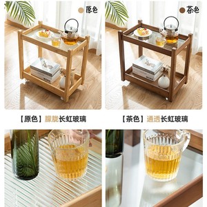 Movable Glass Side Table Bamboo Frame Bedside <b>Storage</b> <b>Cart</b> With Shelf For Bedroom Living Room Modern Minimalist Style - Product Image 3