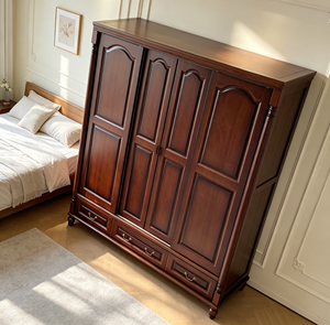 Armario de Madera Maciza de Lujo de 4 Puertas con 3 Cajones Inferiores, Armario de Almacenamiento de Ropa para Dormitorio en Estilo Retro Nogal - Product Image 5