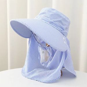 Tea Picking <b>Hat</b> Blue Checkered Wide Brim Sun Protection Upf 50 Outdoor Work Unisex Face Covering <b>Hat</b> - Product Image 1