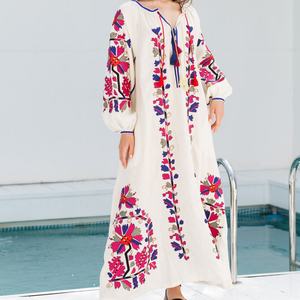 Elegante Vestido de Lino y Algodón Personalizable, Cuello Redondo, Estilo Casual Holgado, Mangas Abullonadas, Vestido Midi de Verano para Mujer - Product Image 5