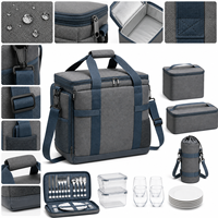 Grand sac isotherme portable en polyester gris pour pique-nique, avec boîtes à lunch, étui à couverts et porte-bouteille pour le camping en famille