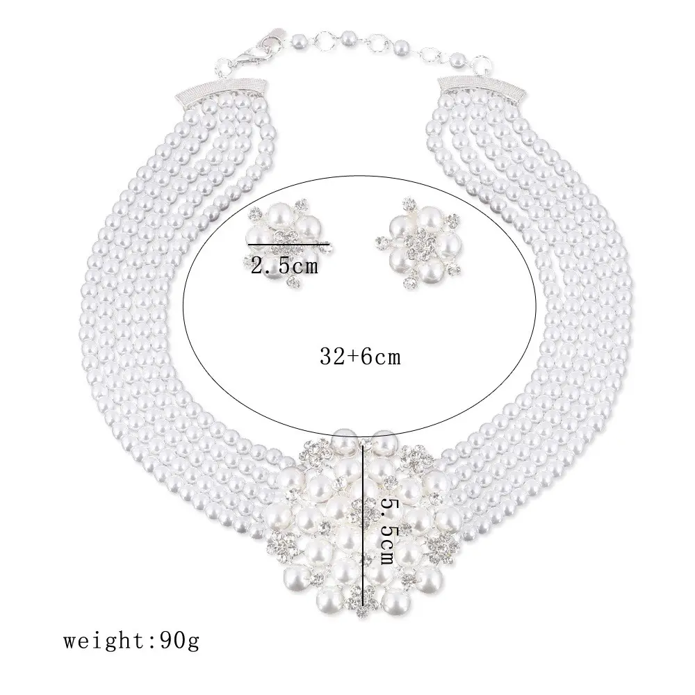 Set di gioielli da sposa di lusso con orecchini intarsiati di strass e collana di perle lucidate a 4 strati per la sposa