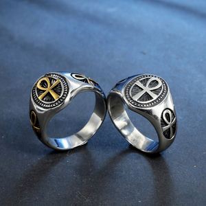 Stainless Steel <b>Ring</b> with Ankh Emblem Classic Signet Design Two Tone <b>Silver</b> and Gold Textured Black Face Vintage Style <b>for</b> <b>Men</b> - Product Image 2