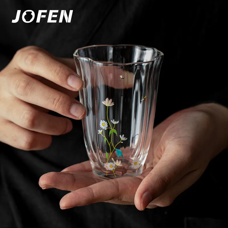 كوب شاي من الزجاج الشفاف بسعة صغيرة منزلي بتصميم على شكل زهرة دايزي بسعة صغيرة يُباع بالجملة من مصنع JOFEN