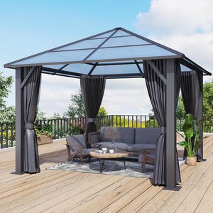 Pergola <span class=keywords><strong>de</strong></span> jardin extérieure à toit rigide, structure en aluminium, toit en polycarbonate avec rideau d'intimité, protection contre les intempéries et pare-soleil. - Product Image 3