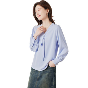 Women's Blue Chiffon Shirt Long Sleeve V-Neck Wrap <b>Tie</b> Work Blouse Solid Color <b>Polyester</b> Fabric - Product Image 5