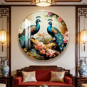 Personalización de Arte Mural 3D, Decoración de Pared para Sala de Estar, Pintura Circular de Pavo Real en Porcelana de Cristal con Luces LED - Product Image 6