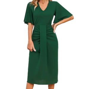 Vestidos Midi de Mujer al por Mayor, Personalizados, OEM, de Alta Calidad, con Cuello en V, Color Sólido, Cintura Ajustada, Mangas con Volantes, Diseño Elegante - Product Image 4