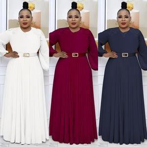 Robe imprimée pour femme, style jeune fille, grande taille, longue, couleur unie avec ceinture - Product Image 2