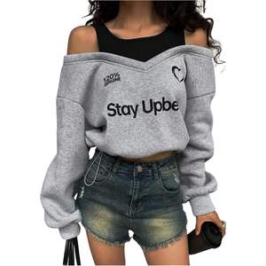 Sudadera Personalizada para Mujer con Hombros Descubiertos, Manga Larga Asimétrica, Gráfico de Letras, Estilo Casual Urbano - Product Image 4