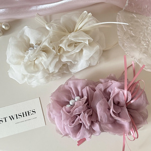 Jepit Rambut Bunga Chiffon Terbaru untuk Wanita, Jepit Rambut Bunga Ganda Mutiara Elegan dengan Pita Jala untuk Pesta dan Kegunaan Sehari-hari - Product Image 4