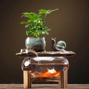 Adornos de agua con flujo libre para pecera, cuenco tradicional creativo de peces de colores con planta verde pequeña - Product Image 2