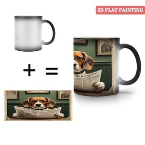 Frosted Black Ceramic 11oz Heat Activated Color Changing Mug With <b>Dog</b> Reading Newspaper Design - Product Image 4