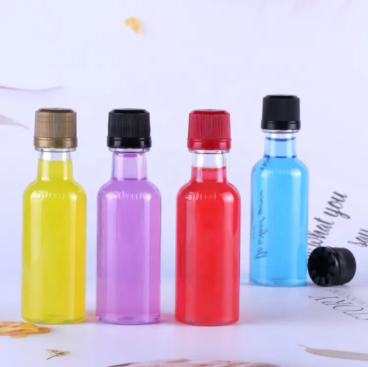 Mini theftproof 50ml round PET wine pack juice plastic bottles for drinks beverage