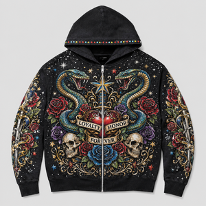 Sweat à capuche zippé noir OEM avec imprimé graphique serpent, rose et crâne, en molleton de coton épais, style vintage premium streetwear pour homme - Product Image 1