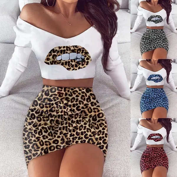 Yaz 2022 kadın kısa setleri leopar bluz kadın üst 2 parçalı Set seksi etek iki parçalı Set