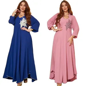 伊斯兰服装女士abaya迪拜阿拉伯蓝色珠饰穆斯林连衣裙