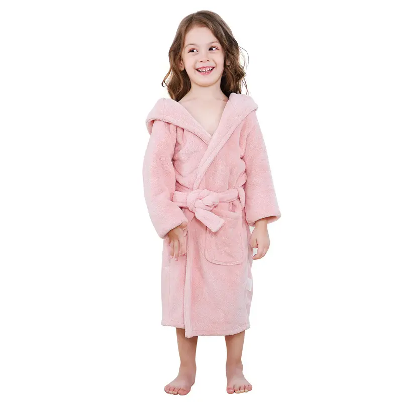 MU New arrival thick solid color coral velvet bathrobe kids soft and warm hooded fleece kids bathrobe for girls and boys