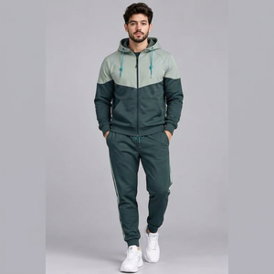 Ensemble de survêtement pour homme à capuche, color block, manches longues, fermeture éclair frontale, décontracté, respirant, imprimé, streetwear, en coton, pour l'hiver - Product Image 1