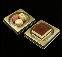 Plateau carré doré avec couvercle rond transparent, boîtes jetables écologiques en PET pour gâteaux, pâtisseries, pizzas et emballages de boulangerie