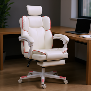 Silla Ejecutiva de Oficina de Cuero Sintético Blanco con Reposacabezas y Reposapiés, Silla de Escritorio Giratoria Reclinable - Product Image 2