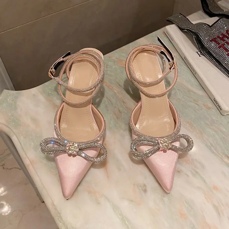 Popular Pointed Toe Pumps Spring/Autumn 2022 Bling Patchwork Crystal Narrow Band Fashion sexy Butterfly-Knot Women's Heels