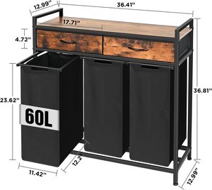 Smistatore per bucato 3 sezione 2 cassetti 180L carrello estraibile in tessuto Oxford cesto per biancheria 2 cestini per <span class=keywords><strong>bagno</strong></span> - Product Image 6